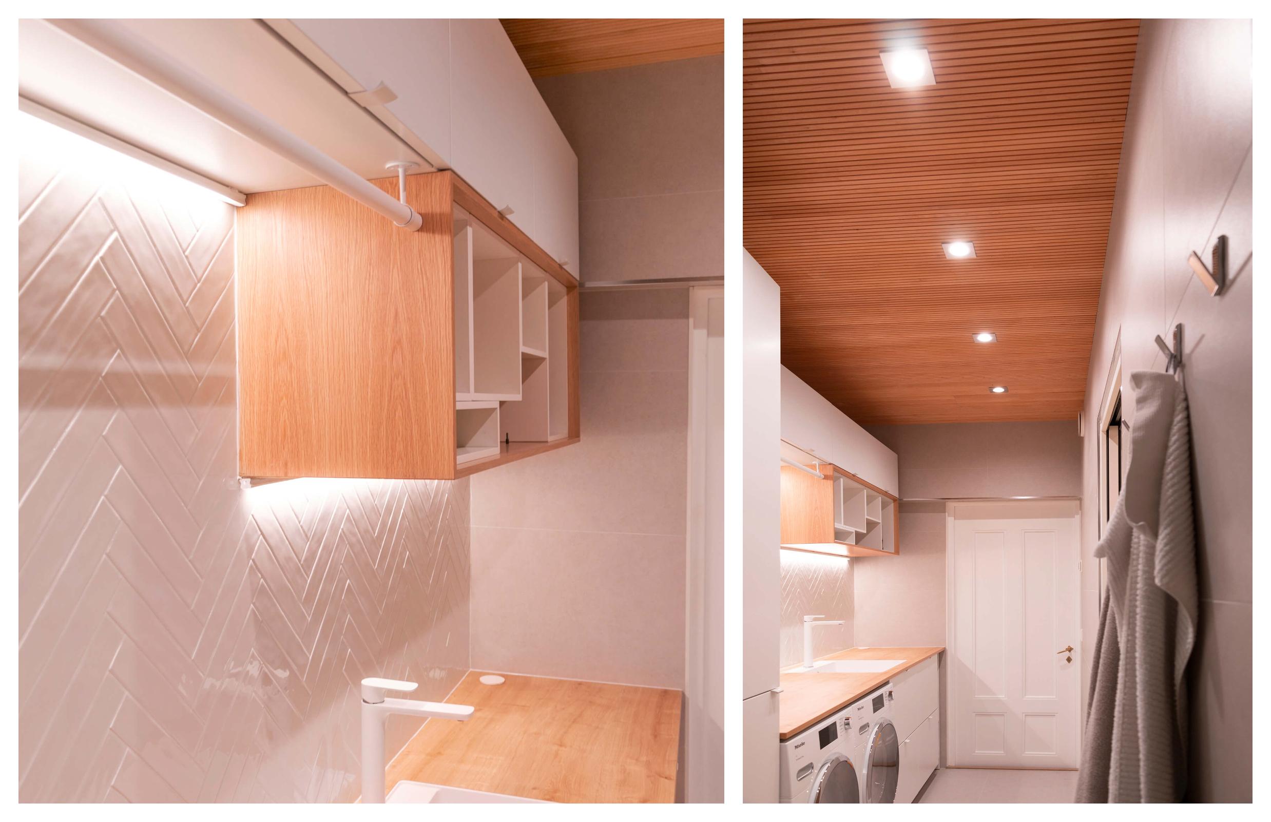 Kodinhoitohuoneen valaistus on yhdistelmä led-spotteja ja led-nauhaa, joten valoa saadaan tarpeeksi vaatehuoltoon.