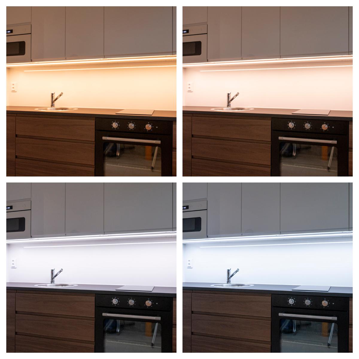 Neljä esimerkkiä valon värilämpötilan vaihtamisen vaikutuksesta keittiön tunnelmaan ja ilmeeseen.