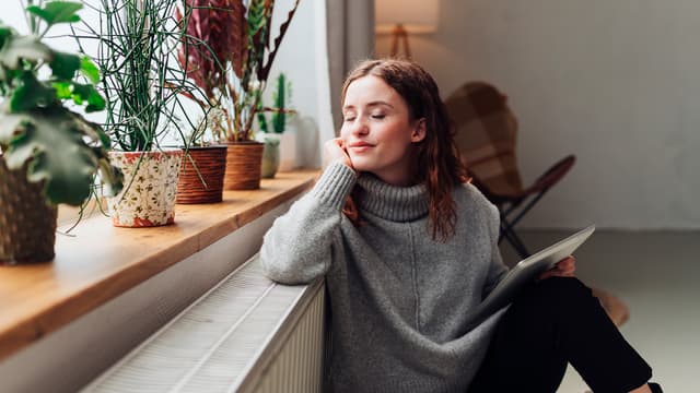 vainen istuu lattialla ikkunan edessä ja nauttii raikkaasta ilmasta